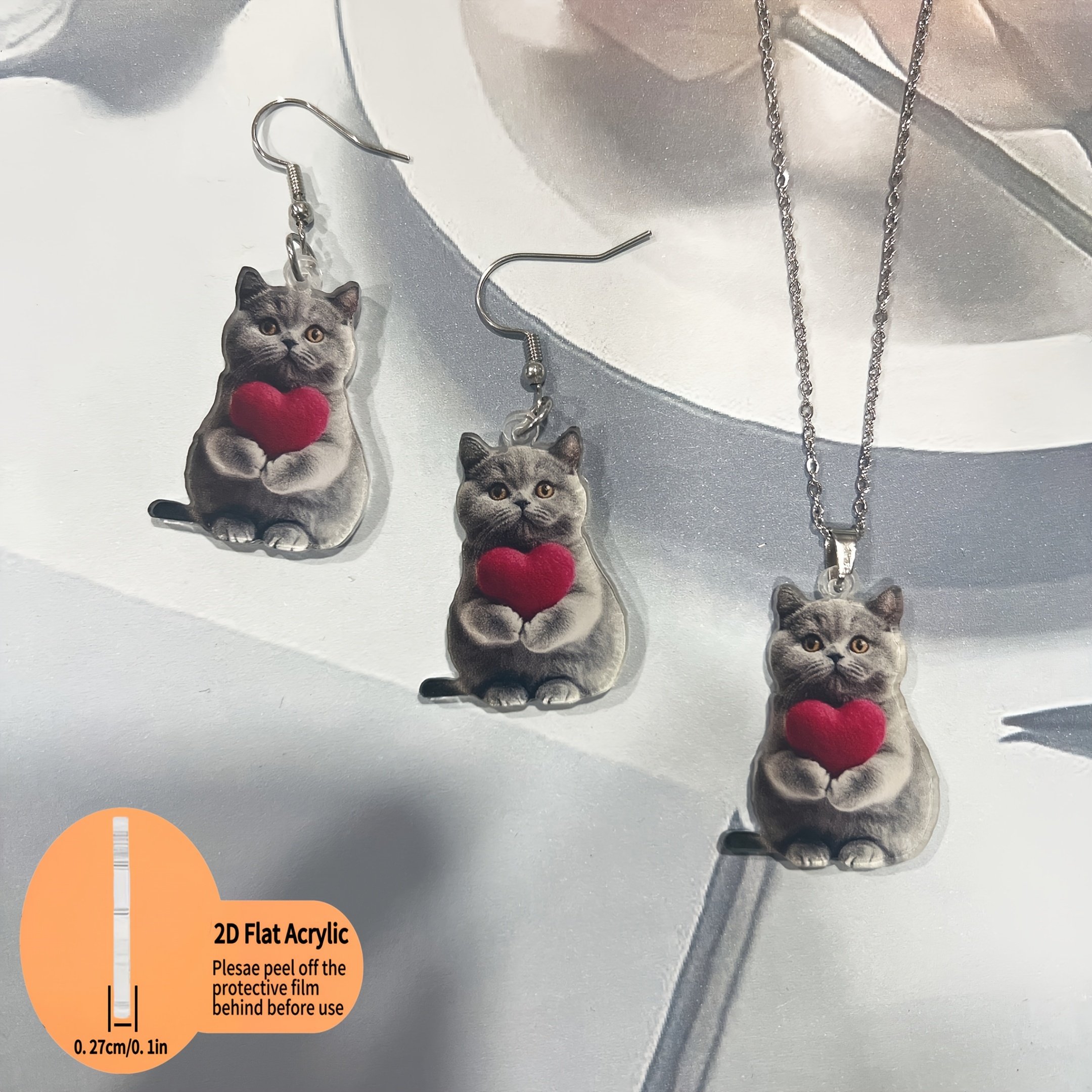 2D Acrylic Gray Cat Holding Heart Earrings Pendant Set